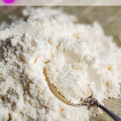 tall overhead angled pin image of loose arrowroot powder with text overlay.