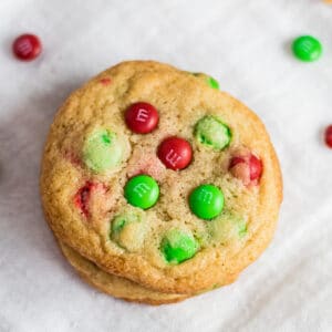 large square overhead image of Christmas M&M Cookies.