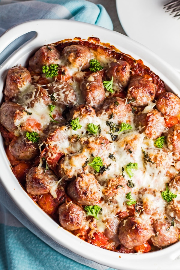 Tall overhead image of the Italian Sausage Bake in white casserole dish.