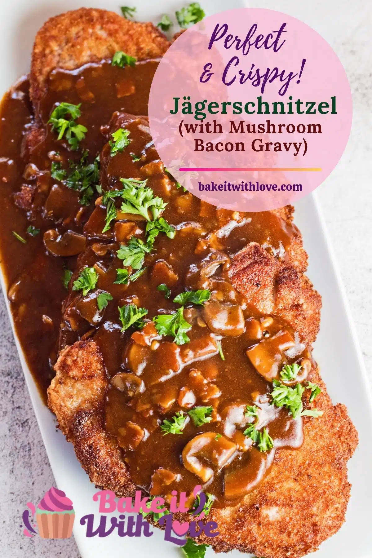 Pin with tall overhead image of German Jagerschnitzel served on a white plate.