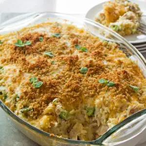 Baked leftover turkey rice casserole in the clear dish.