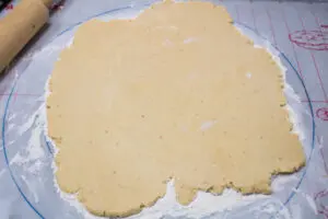 bottom half portion of pastry dough rolled wider than the tart pan.
