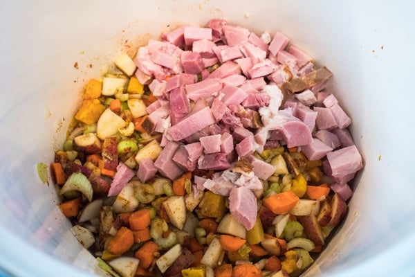 chopped ham added to seasoned vegetables.