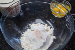 dry ingredients ready to mix in a large mixing bowl.