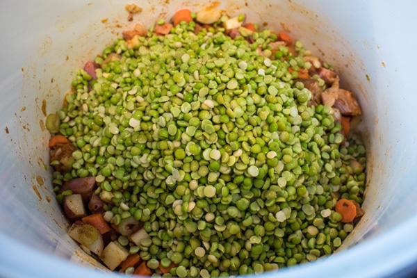soaked and rinsed split peas added to the seasoned vegetables and ham.