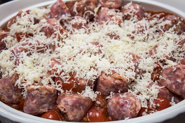 the fourth layer of italian sausage bake is mozzarella and parmesan cheese.