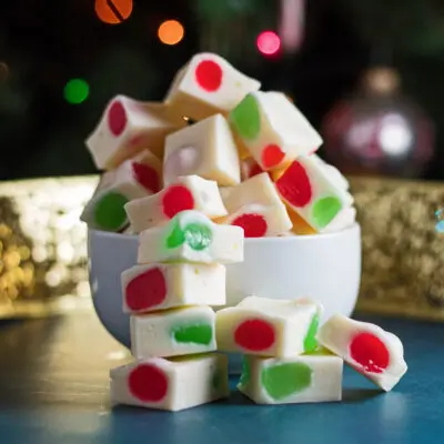 Sideview image of the Christmas Nougat candy pieces in a bowl.