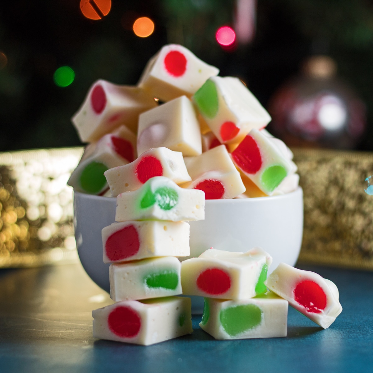Sideview image of the Christmas Nougat candy pieces in a bowl.