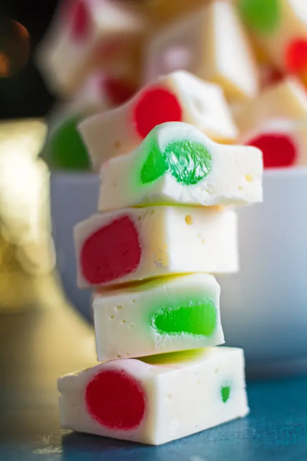 vertical closeup image of Christmas Nougat candy stacked.
