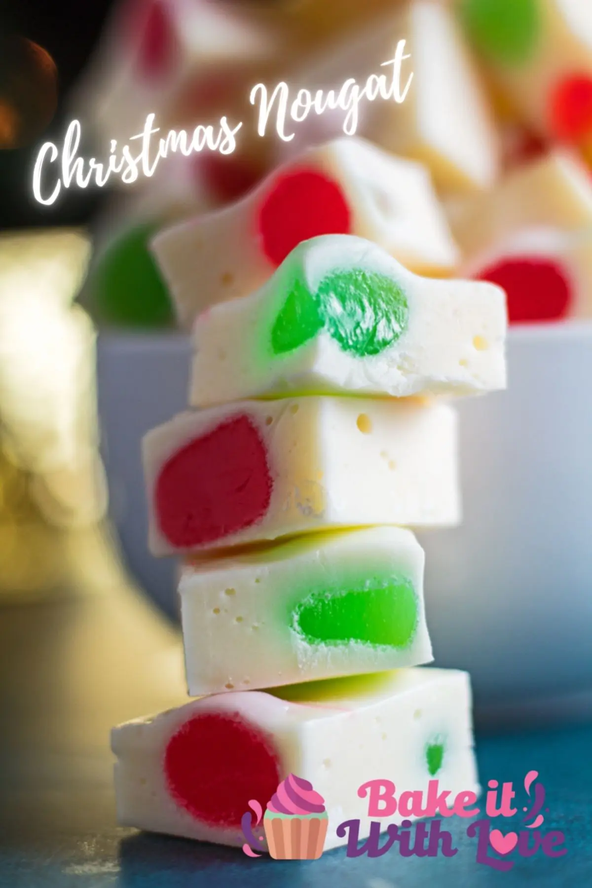 pin with vertical closeup image of the Christmas Nougat and text overlay.