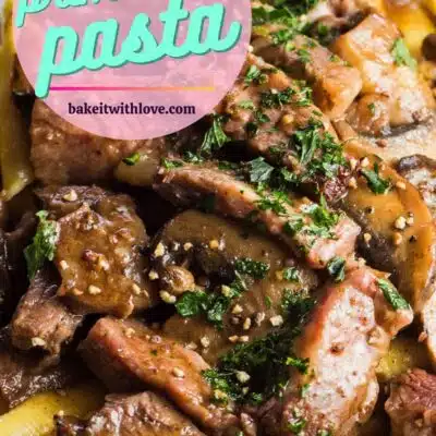 pin with closeup image of prime rib pasta and text overlay.