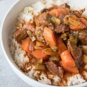 Large square angled closeup of Hawaiian Beef Stew in white bowl.