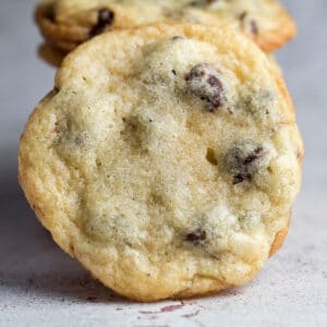 large square image of arranged chocolate chip cookies without brown sugar.