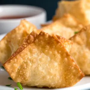 large square image Crispy Shrimp Rangoons served on white plate with sweet and sour sauce.