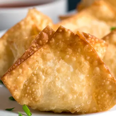 Crispy Shrimp Rangoons served on white plate with sweet and sour sauce.
