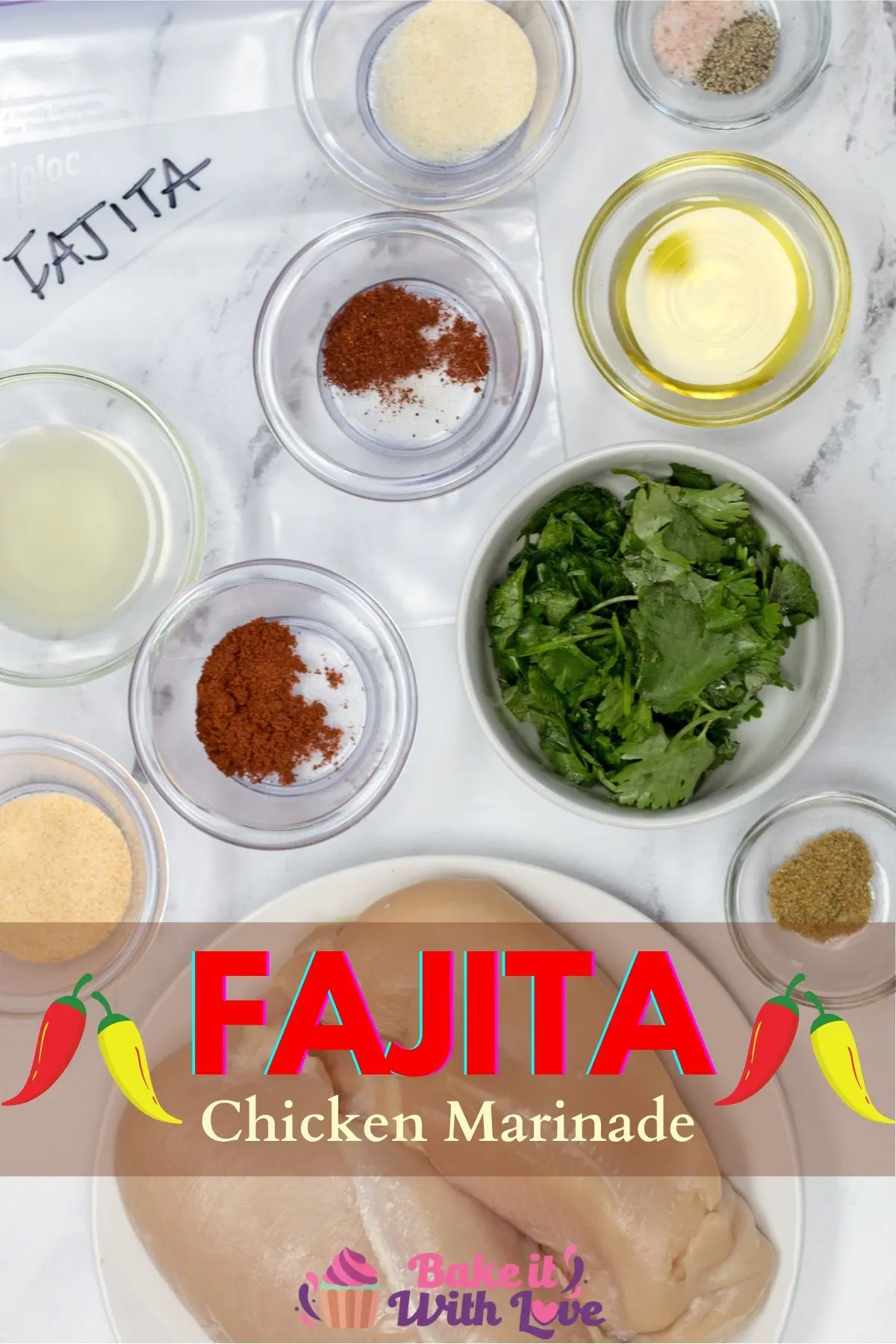 Fajita Chicken Marinade pin with ingredients and text overlay.