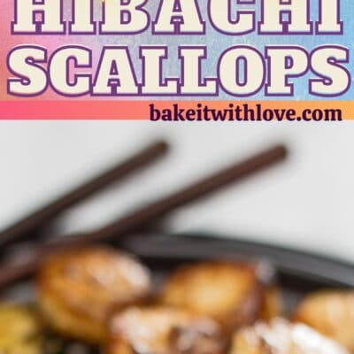 tall pin with two images of hibachi scallops and text divider.