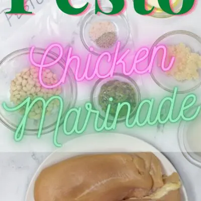 Pesto Chicken Marinade pin with ingredients and text overlay.
