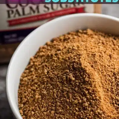 coconut sugar substitutes pin with white bowl of coconut sugar and text overlay.