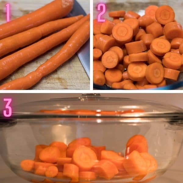 3 step-by-step process photos of microwave carrots.