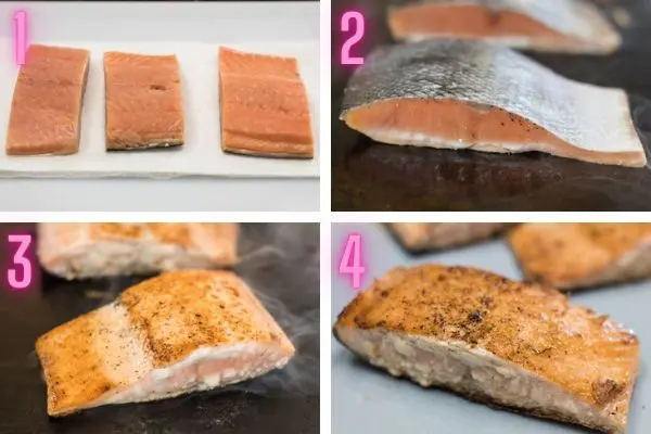4 step-by-step process photos cooking hibachi salmon.
