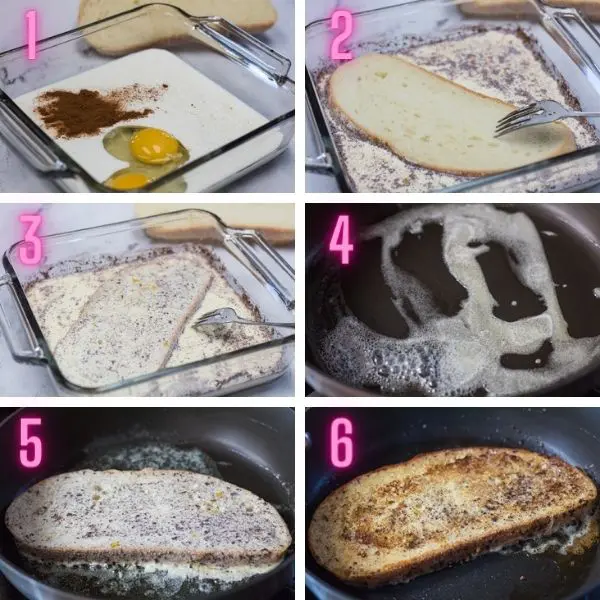 6 process photos for step by step instructions on making french toast.