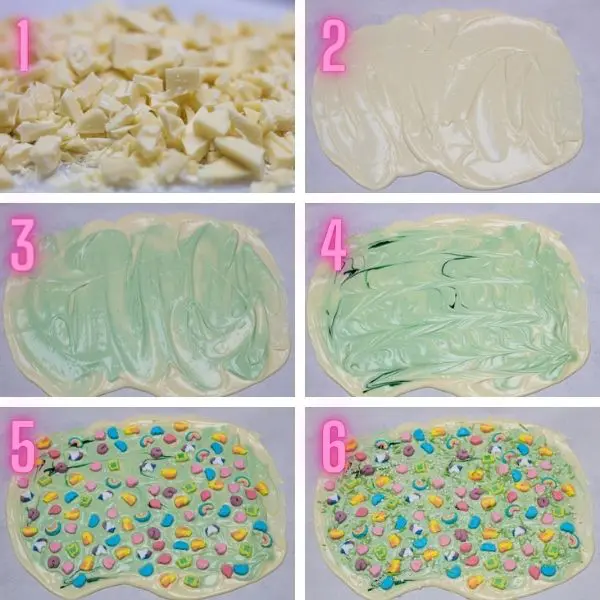 6 step-by-step process photos of making the Lucky Charms bark.