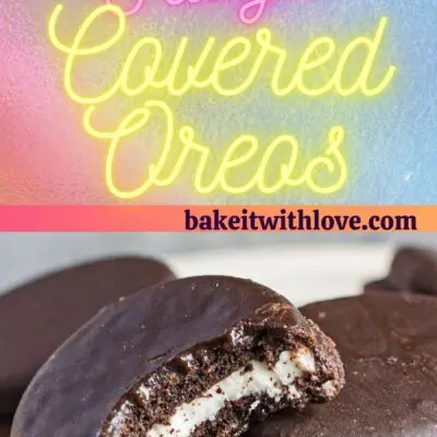 pin with two images of fudge covered oreos and text divider.