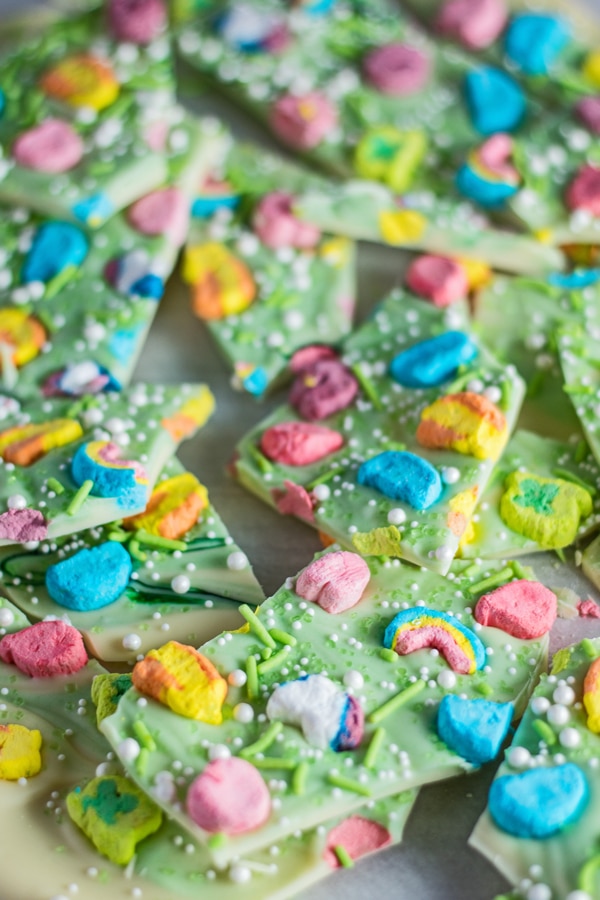 Closeup angled view of the Lucky Charms bark pieces ready to enjoy.