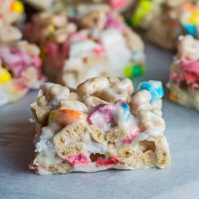 Large square image of cut Lucky Charms Marshmallow Treats.