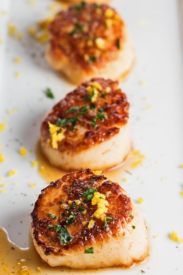 Tall overhead of pan seared scallops on white plate.