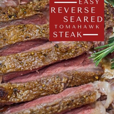 Reverse sear tomahawk steak pin with text block.