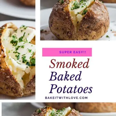 Collage pin with 3 images of the smoked baked potato.