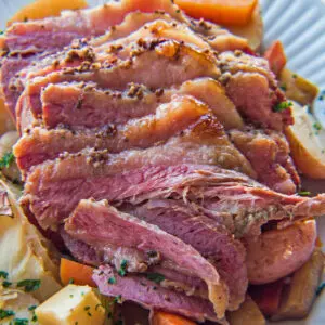 Delicious slow cooked, sliced corned beef and served.
