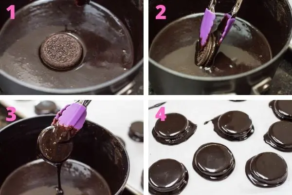 step by step process photos of coating the oreo cookies with fudge.