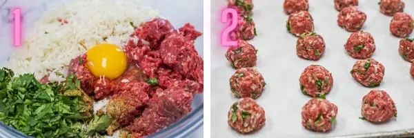 2 step by step process photos of albondigas ingredients and portioned meatballs.