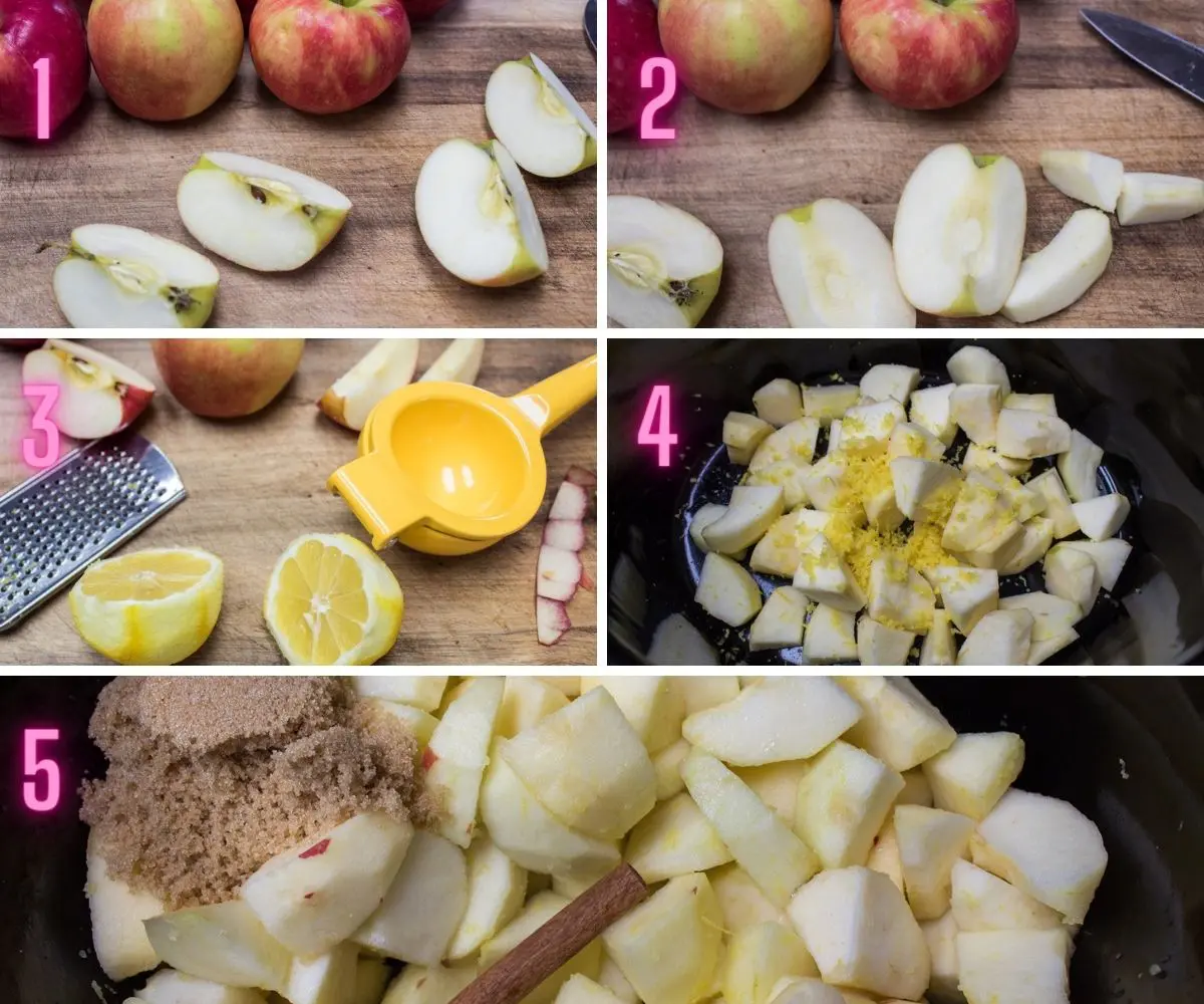 5 step-by-step process photos of preparing the crockpot applesauce.