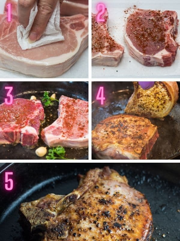 5 step-by-step process photos of searing the pork chops in cast iron skillet.