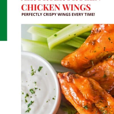 Pin for the air fryer frozen chicken wings in buffalo sauce with color blocks.