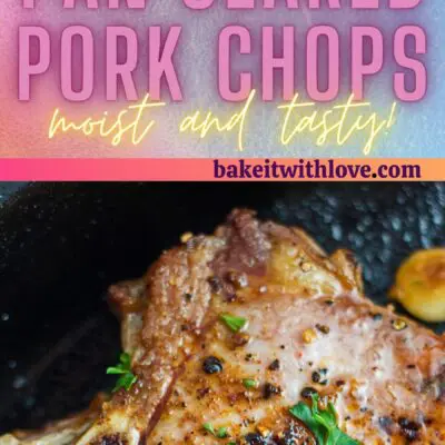 Tall pin with 2 images of the cast iron pork chops.