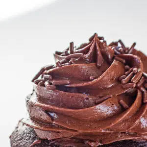 Chocolate buttercream frosting with chocolate sprinkles.