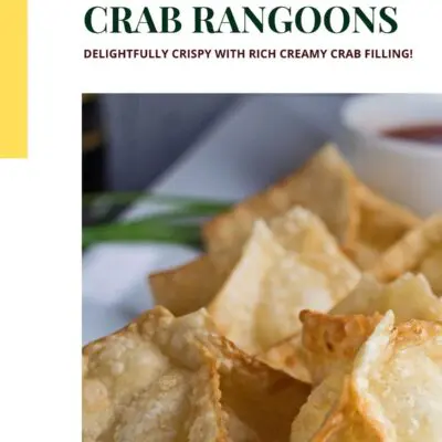 Crab rangoons pin with text header and color block.