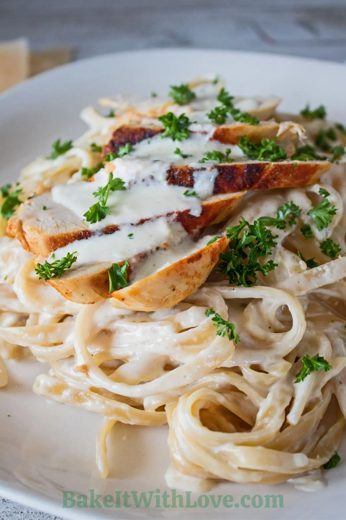 Closeup image of the dished grilled chicken fettuccine alfredo.