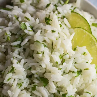 Overhead closeup of the instant pot cilantro lime rice in white bowl.