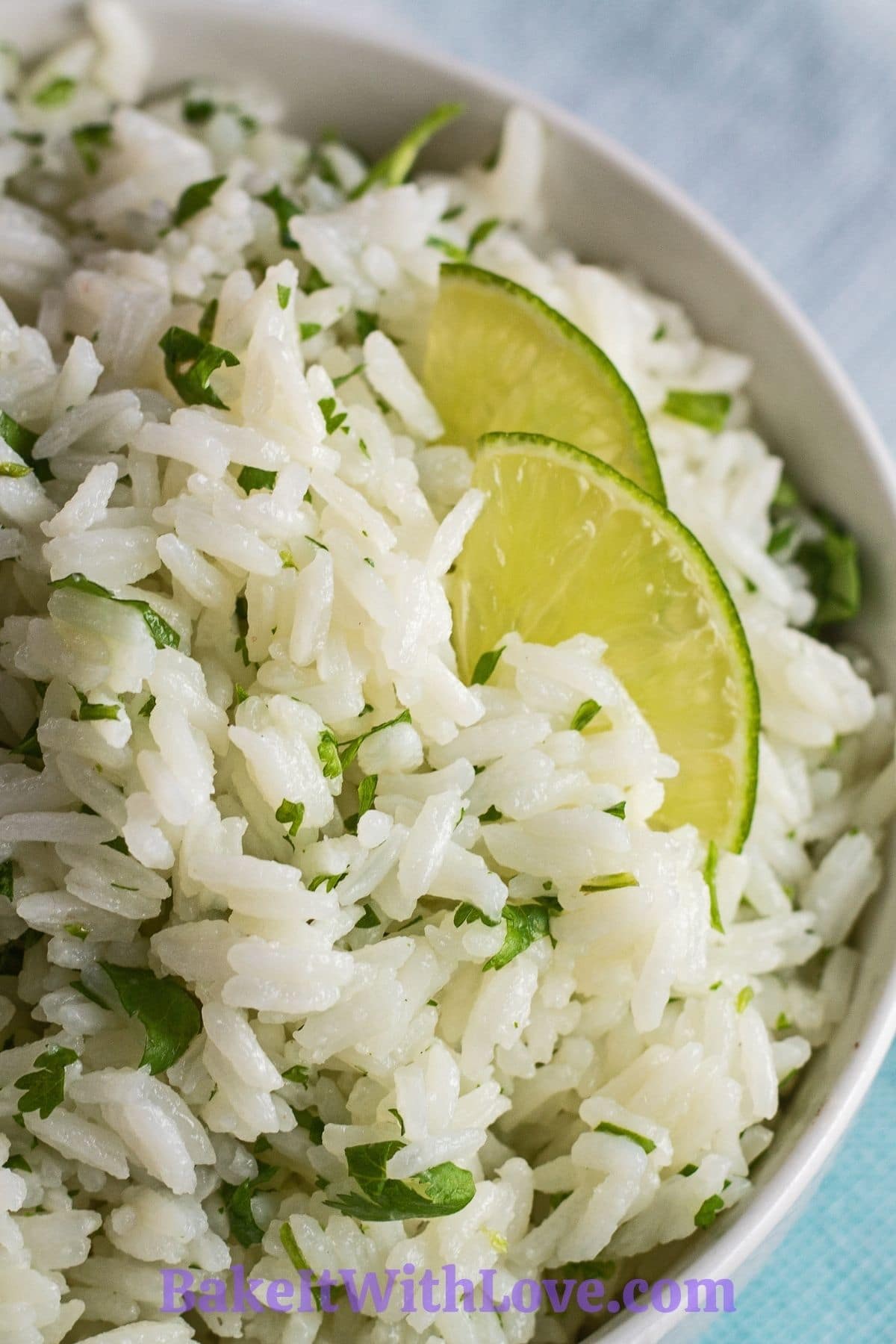 Closeup of the dished instant pot cilantro lime rice.
