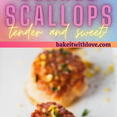 Tall pin with 2 images of the pan seared scallops.