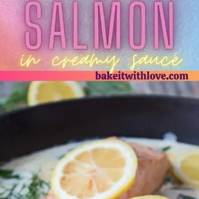 Tall pin with 2 images of the salmon in white wine sauce.