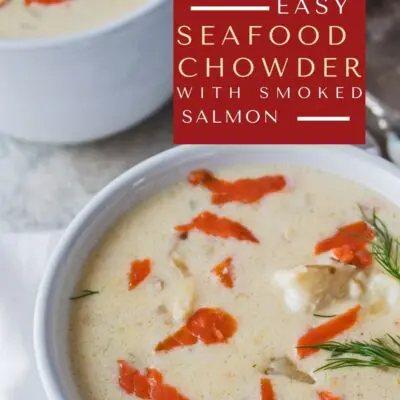 Seafood chowder with smoked salmon pin with text overlay.