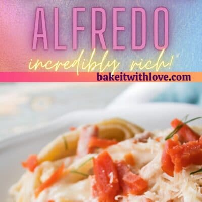 Tall pin with 2 images of the plated smoked salmon fettuccine alfredo.