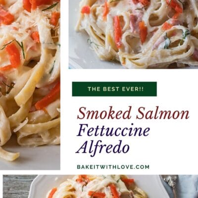 Collage pin with 3 images of the smoked salmon fettuccine alfredo.